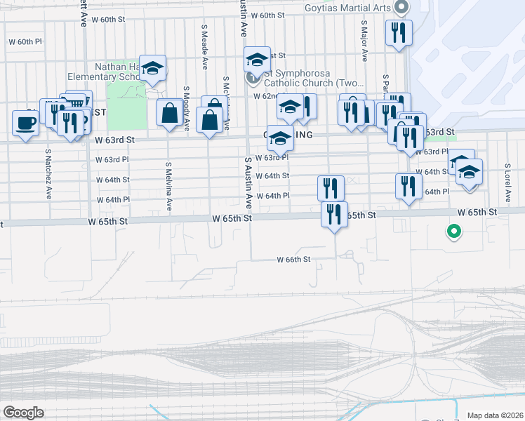 map of restaurants, bars, coffee shops, grocery stores, and more near 5944 West 65th Street in Chicago