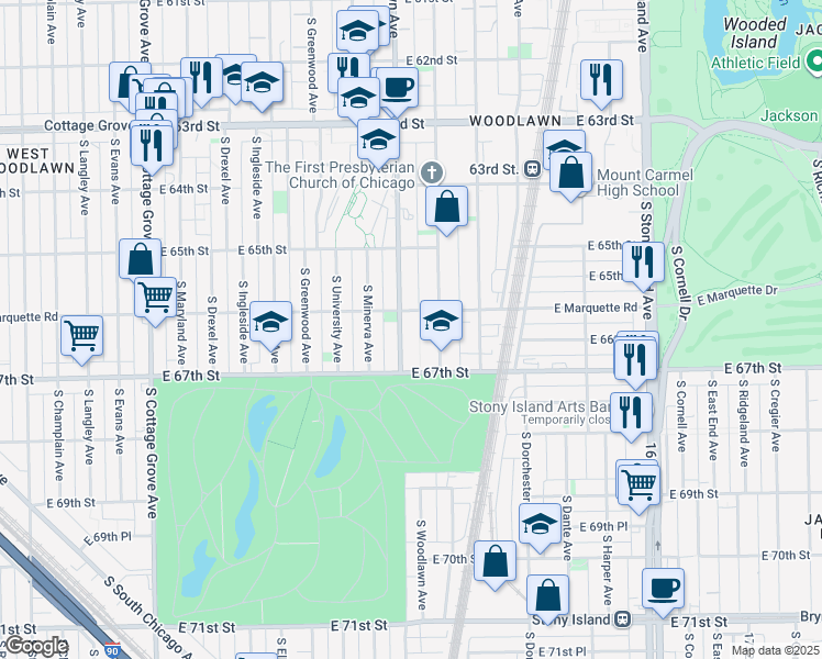 map of restaurants, bars, coffee shops, grocery stores, and more near 1213 East Marquette Road in Chicago