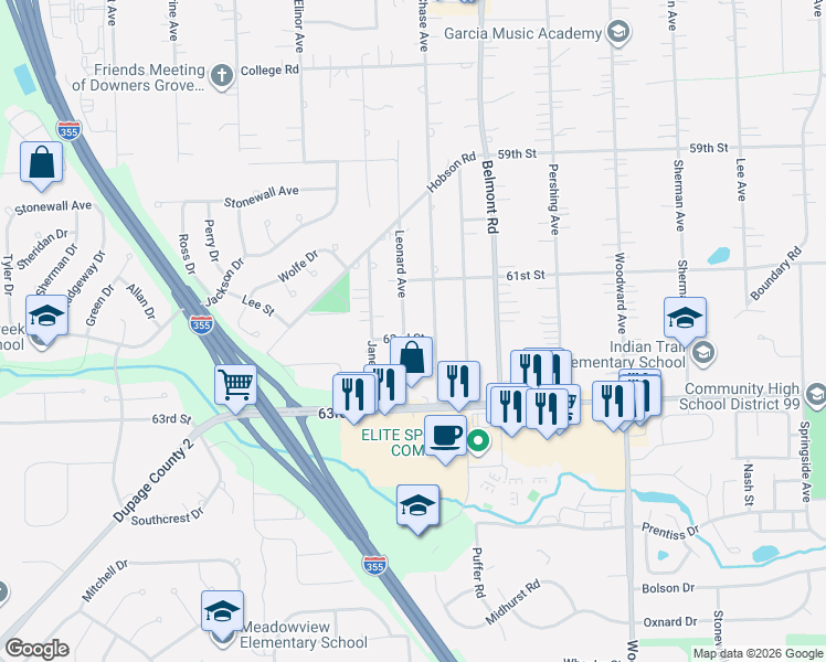 map of restaurants, bars, coffee shops, grocery stores, and more near 6150 Chase Avenue in Downers Grove