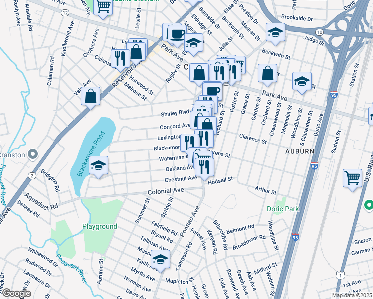 map of restaurants, bars, coffee shops, grocery stores, and more near 33 Blackamore Avenue in Cranston