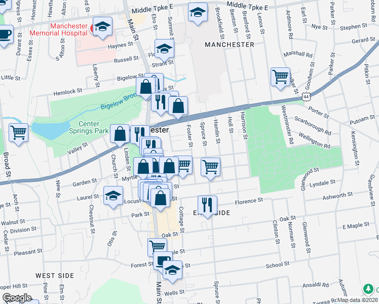 map of restaurants, bars, coffee shops, grocery stores, and more near 41 Foster Street in Manchester