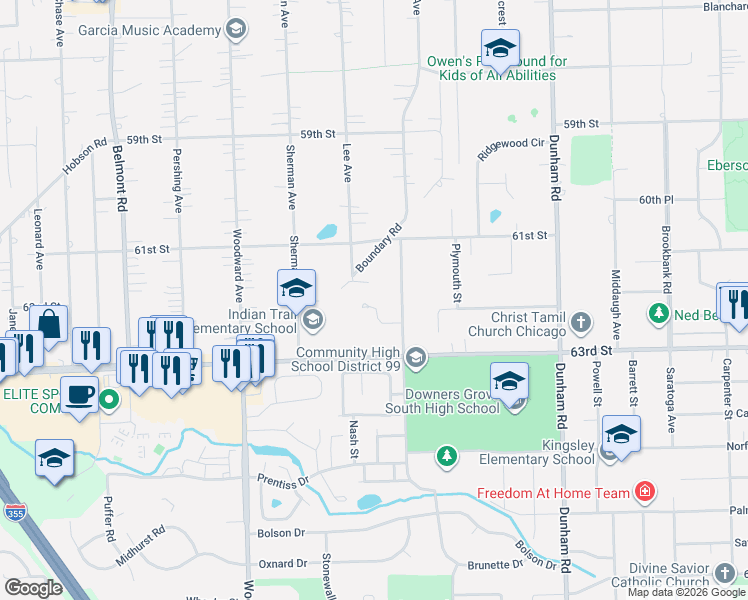 map of restaurants, bars, coffee shops, grocery stores, and more near 1699 Boundary Road in Downers Grove