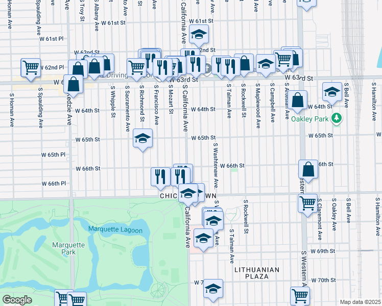 map of restaurants, bars, coffee shops, grocery stores, and more near 6529 South California Avenue in Chicago