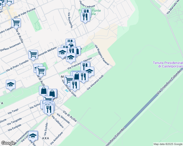 map of restaurants, bars, coffee shops, grocery stores, and more near 456 via Gigi Chessa in Rome