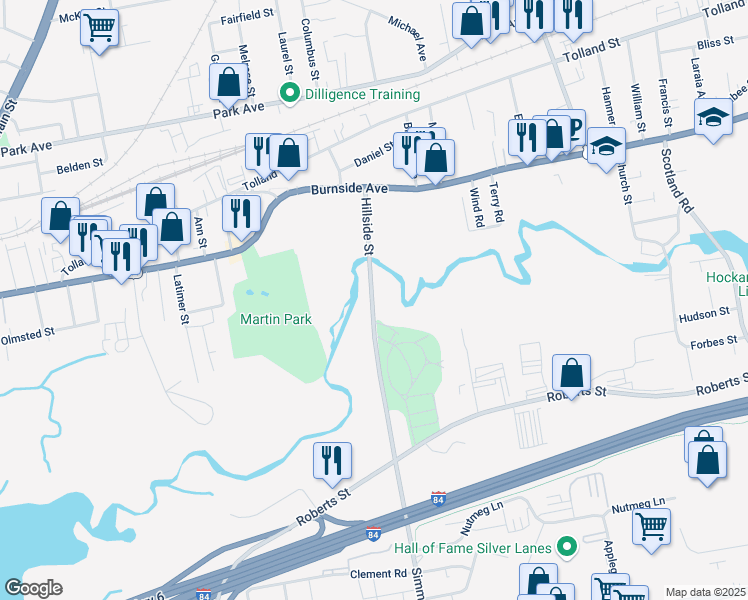 map of restaurants, bars, coffee shops, grocery stores, and more near 40 Hillside Street in East Hartford