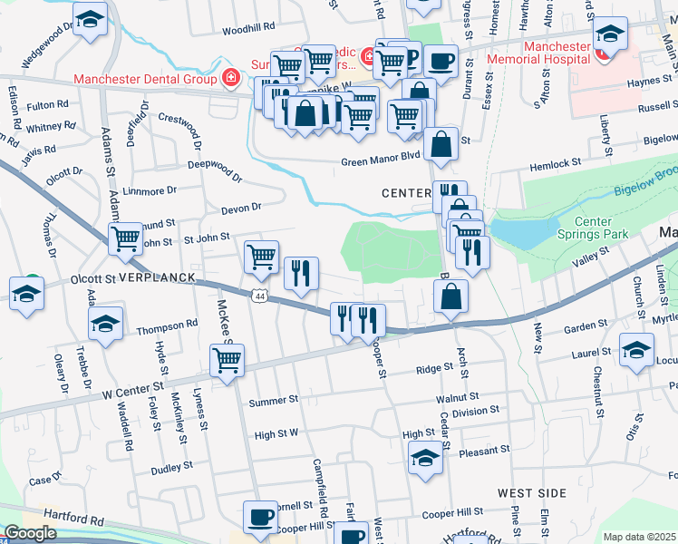 map of restaurants, bars, coffee shops, grocery stores, and more near 9 Ridgewood Street in Manchester