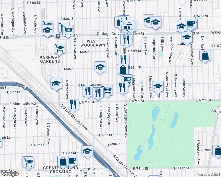 map of restaurants, bars, coffee shops, grocery stores, and more near 6611 South Langley Avenue in Chicago