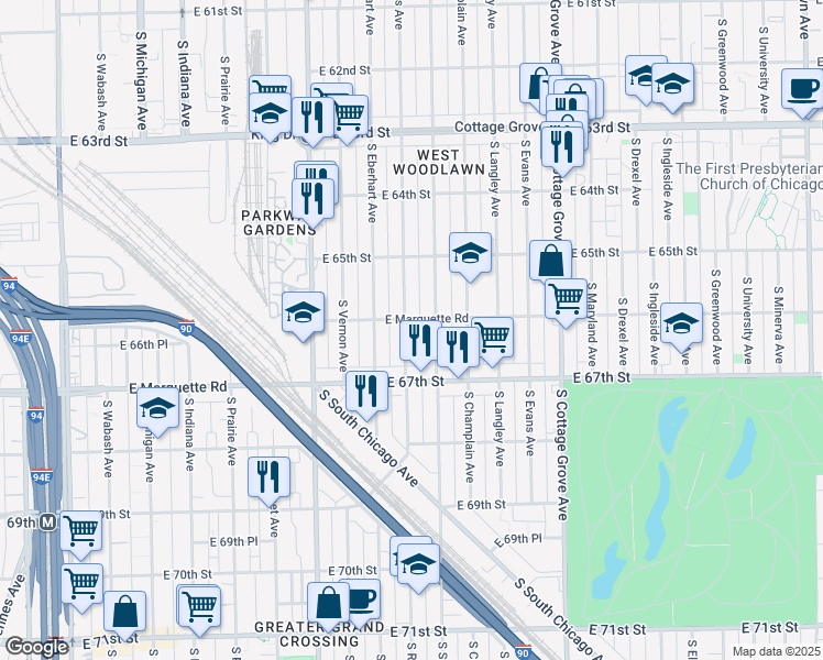 map of restaurants, bars, coffee shops, grocery stores, and more near 6556 South Rhodes Avenue in Chicago