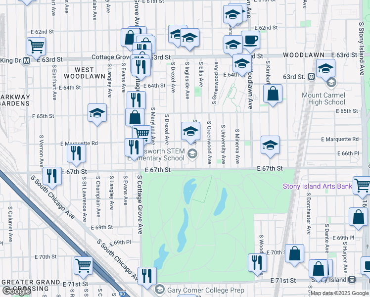map of restaurants, bars, coffee shops, grocery stores, and more near 6615 South Ingleside Avenue in Chicago