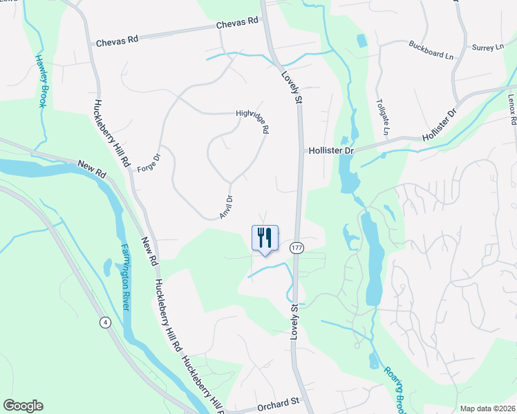 map of restaurants, bars, coffee shops, grocery stores, and more near 33 King Richards Court in Avon