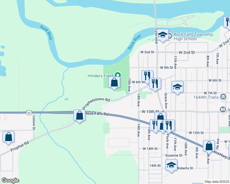 map of restaurants, bars, coffee shops, grocery stores, and more near 1594-1704 Prophetstown Road in Rock Falls
