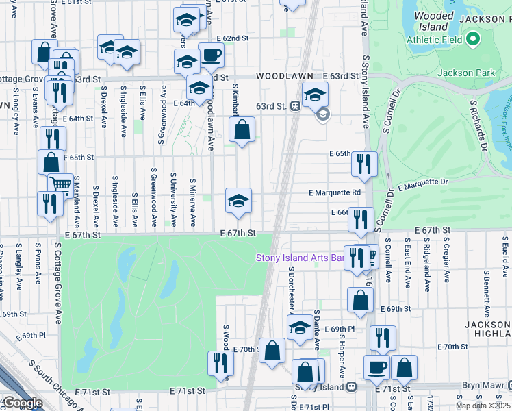 map of restaurants, bars, coffee shops, grocery stores, and more near 1311 East Marquette Road in Chicago