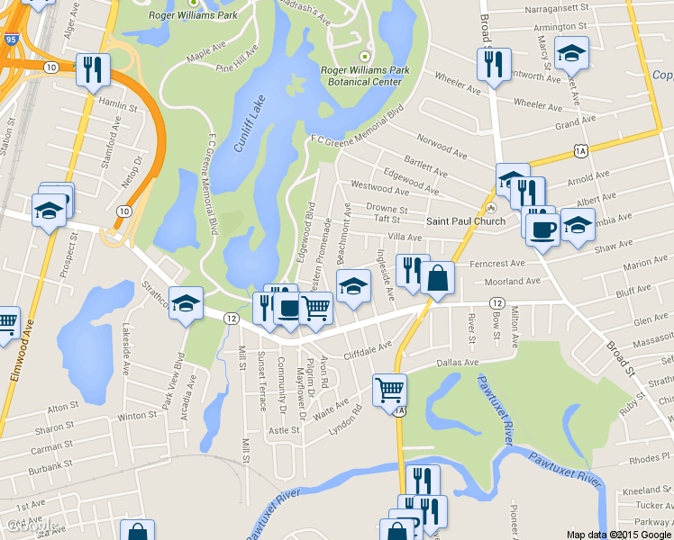 map of restaurants, bars, coffee shops, grocery stores, and more near 74 Beachmont Avenue in Cranston
