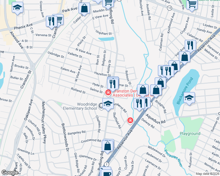 map of restaurants, bars, coffee shops, grocery stores, and more near 298 Budlong Road in Cranston