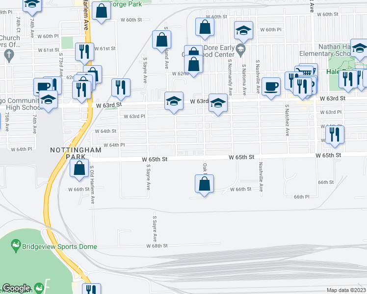 map of restaurants, bars, coffee shops, grocery stores, and more near 6847 West 64th Place in Chicago