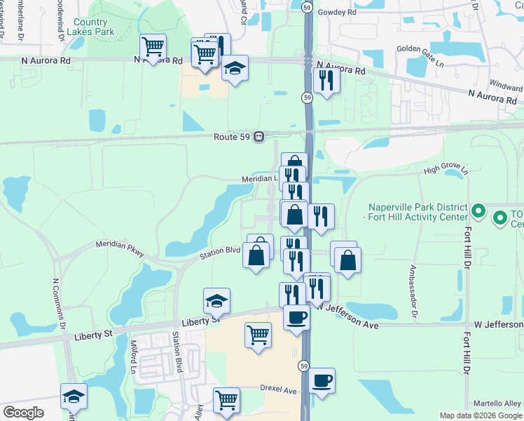 map of restaurants, bars, coffee shops, grocery stores, and more near 1040 Station Boulevard in Aurora