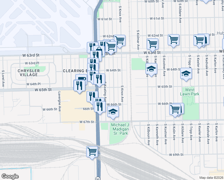 map of restaurants, bars, coffee shops, grocery stores, and more near 6459 South Kilpatrick Avenue in Chicago