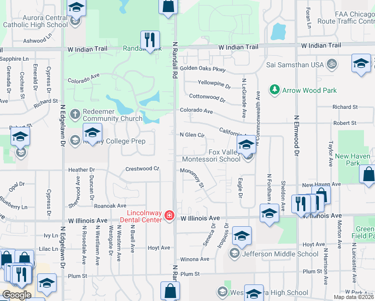 map of restaurants, bars, coffee shops, grocery stores, and more near 1389 South Glen Circle in Aurora