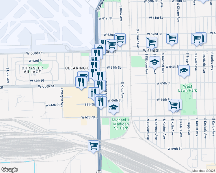 map of restaurants, bars, coffee shops, grocery stores, and more near 6505 South Keating Avenue in Chicago