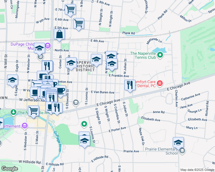 map of restaurants, bars, coffee shops, grocery stores, and more near 621 East Benton Avenue in Naperville