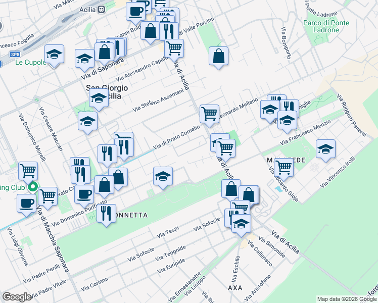 map of restaurants, bars, coffee shops, grocery stores, and more near 35 Via Cassioli Amos in Città metropolitana di Roma Capitale