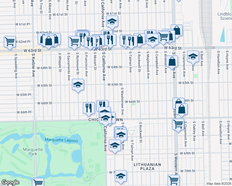 map of restaurants, bars, coffee shops, grocery stores, and more near 6511 South Fairfield Avenue in Chicago