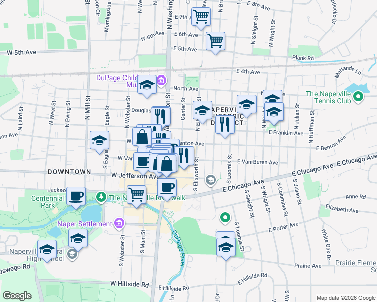 map of restaurants, bars, coffee shops, grocery stores, and more near 118 East Benton Avenue in Naperville
