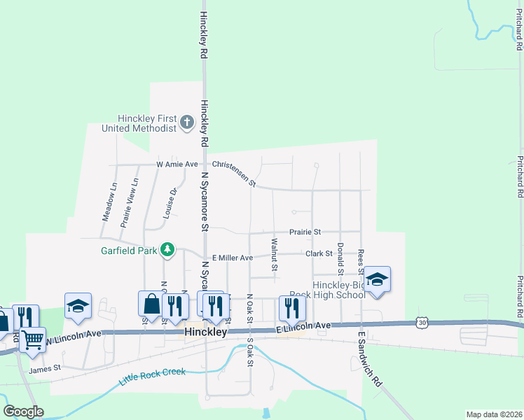 map of restaurants, bars, coffee shops, grocery stores, and more near 550 North Oak Street in Hinckley