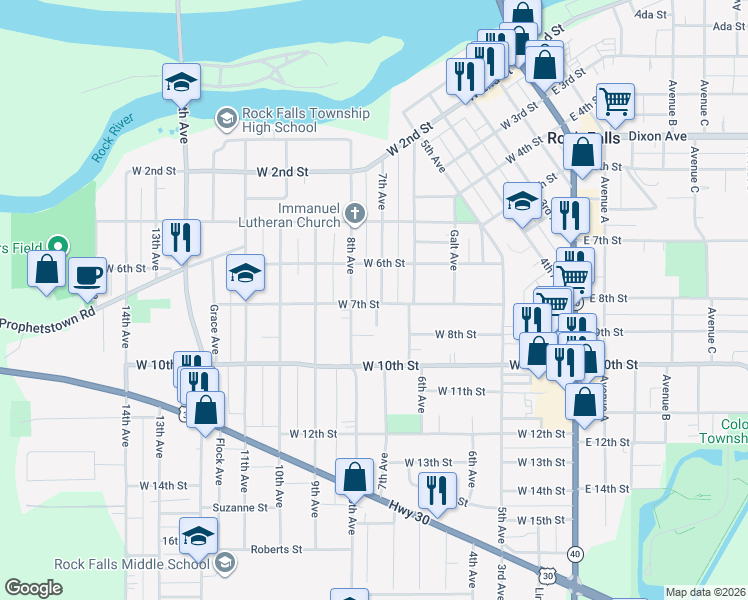 map of restaurants, bars, coffee shops, grocery stores, and more near 611 8th Avenue in Rock Falls