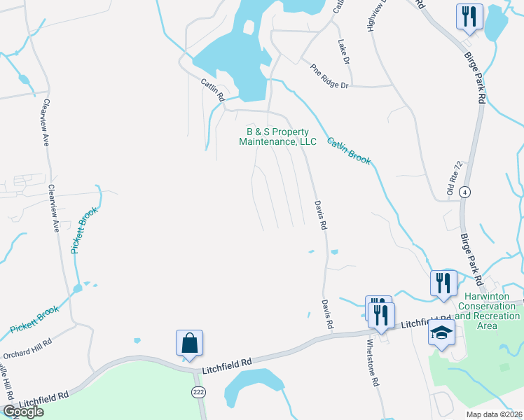 map of restaurants, bars, coffee shops, grocery stores, and more near 76 South Shore Drive in Harwinton
