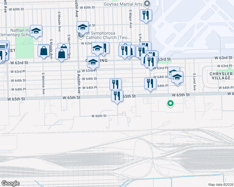 map of restaurants, bars, coffee shops, grocery stores, and more near 5759 West 64th Place in Chicago