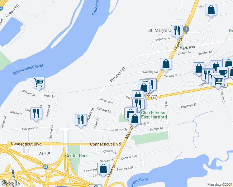 map of restaurants, bars, coffee shops, grocery stores, and more near 90R Orchard Street in East Hartford