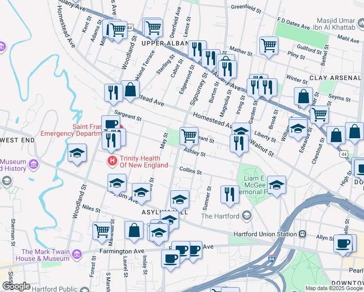 map of restaurants, bars, coffee shops, grocery stores, and more near 125 Sargeant Street in Hartford