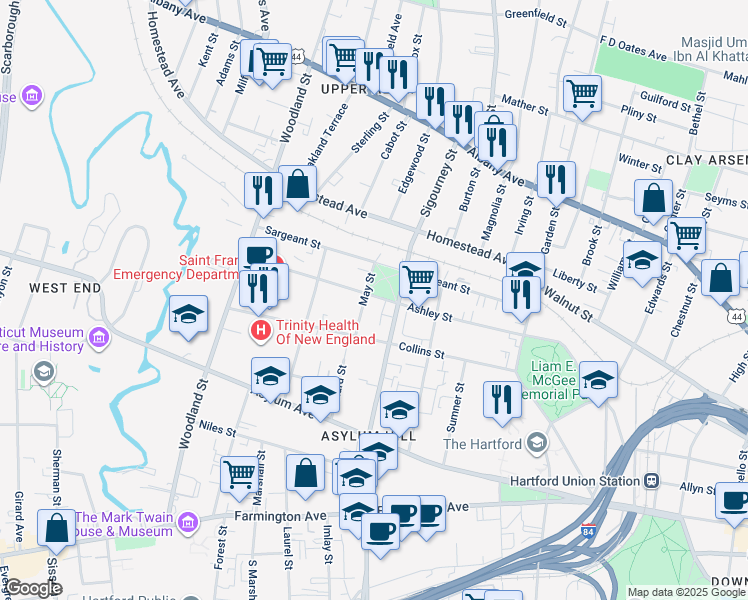 map of restaurants, bars, coffee shops, grocery stores, and more near 251 Sigourney Street in Hartford