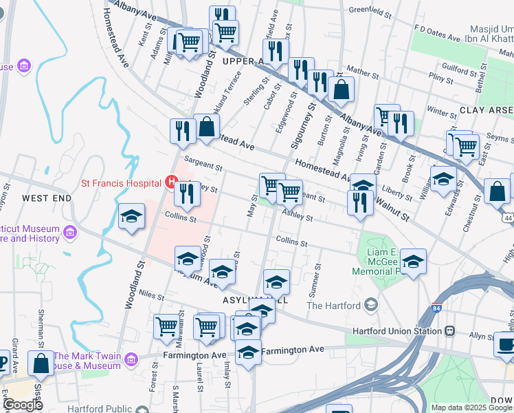 map of restaurants, bars, coffee shops, grocery stores, and more near 251 Sigourney Street in Hartford