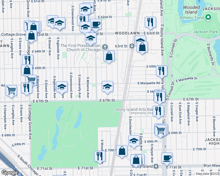 map of restaurants, bars, coffee shops, grocery stores, and more near 1311 East Marquette Road in Chicago