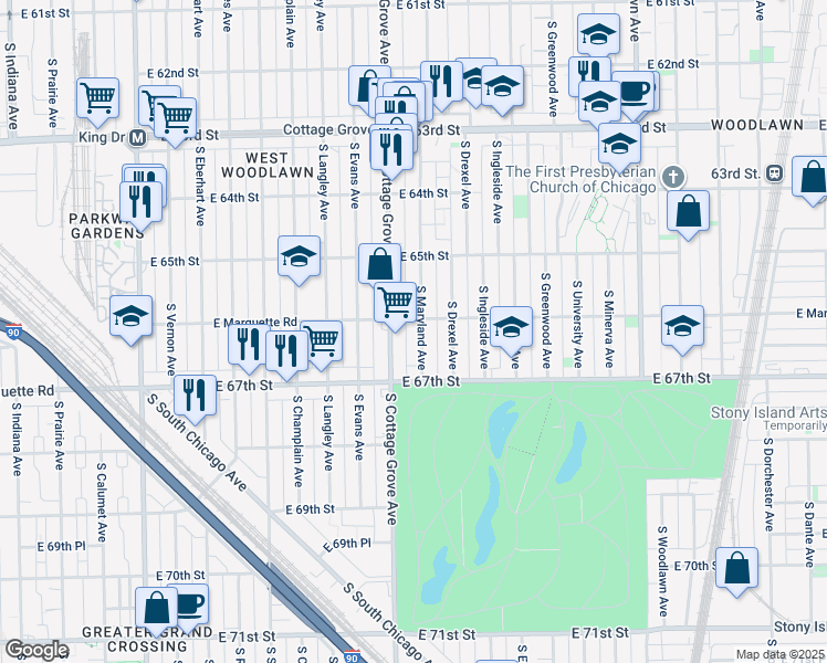 map of restaurants, bars, coffee shops, grocery stores, and more near 6601 South Maryland Avenue in Chicago