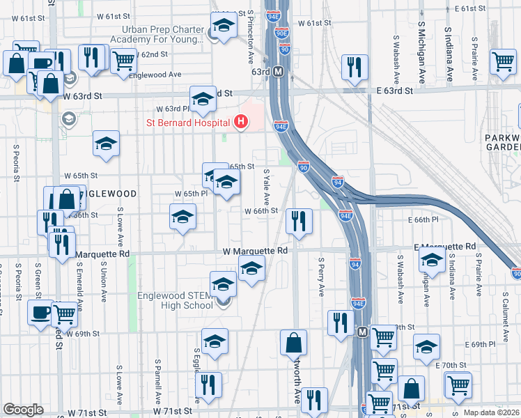 map of restaurants, bars, coffee shops, grocery stores, and more near 6553 South Yale Avenue in Chicago