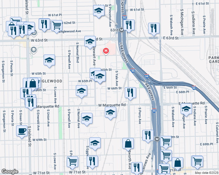 map of restaurants, bars, coffee shops, grocery stores, and more near 6561 South Harvard Avenue in Chicago