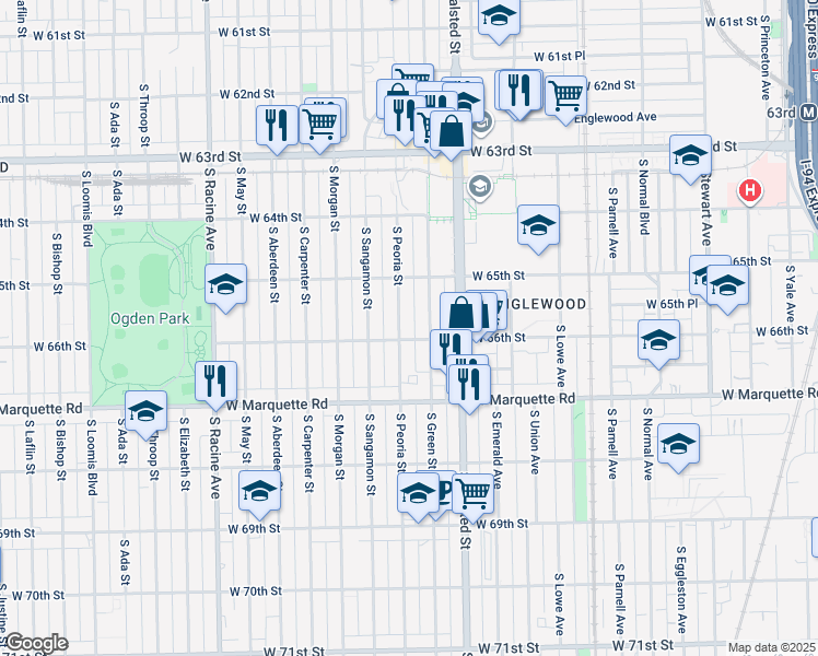 map of restaurants, bars, coffee shops, grocery stores, and more near 6538 South Green Street in Chicago