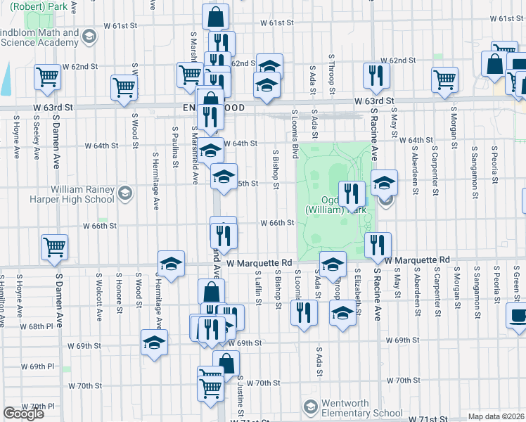 map of restaurants, bars, coffee shops, grocery stores, and more near 6527 South Laflin Street in Chicago