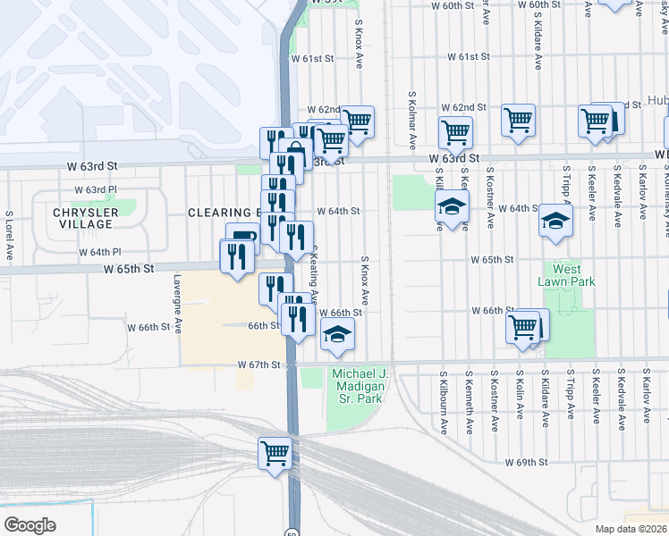 map of restaurants, bars, coffee shops, grocery stores, and more near 6459 South Kilpatrick Avenue in Chicago