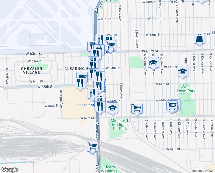 map of restaurants, bars, coffee shops, grocery stores, and more near 6452 South Keating Avenue in Chicago