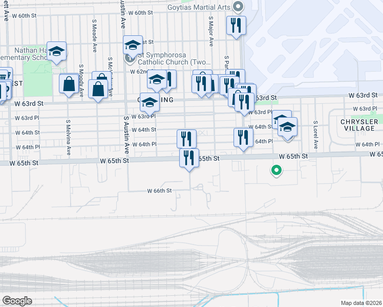 map of restaurants, bars, coffee shops, grocery stores, and more near 5759 West 64th Place in Chicago