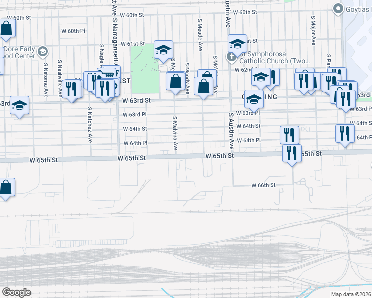 map of restaurants, bars, coffee shops, grocery stores, and more near 6145 West 64th Place in Chicago