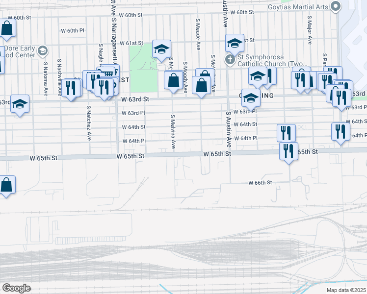 map of restaurants, bars, coffee shops, grocery stores, and more near 6145 West 64th Place in Chicago