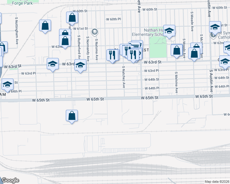 map of restaurants, bars, coffee shops, grocery stores, and more near 6520 West 64th Place in Chicago