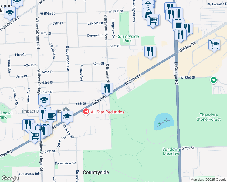 map of restaurants, bars, coffee shops, grocery stores, and more near 6363 Joliet Road in Countryside