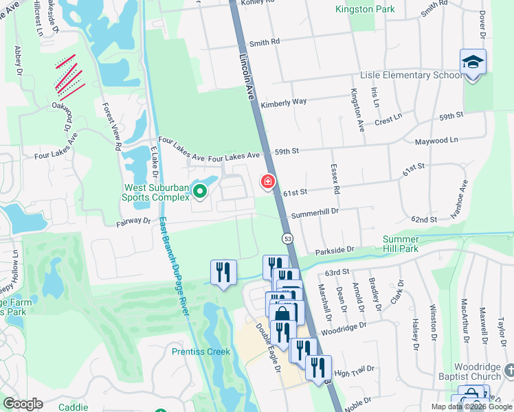 map of restaurants, bars, coffee shops, grocery stores, and more near 6119 River Bend Drive in Lisle