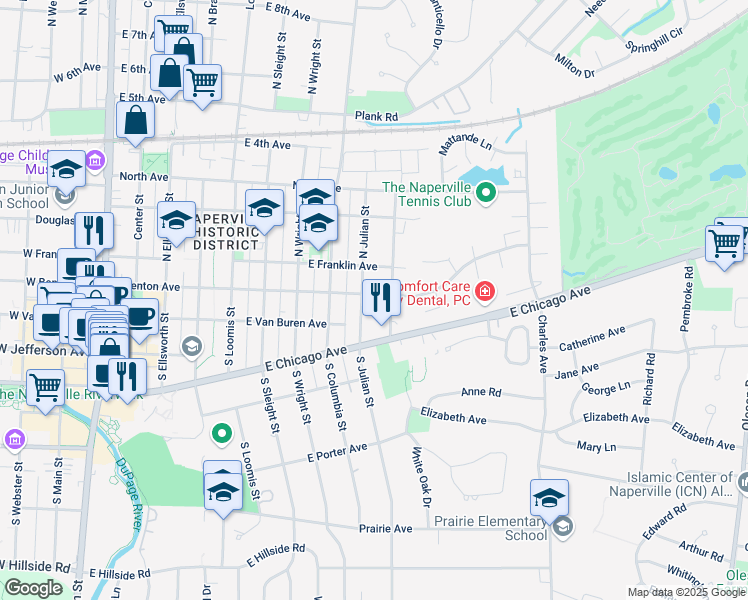 map of restaurants, bars, coffee shops, grocery stores, and more near 5 North Huffman Street in Naperville